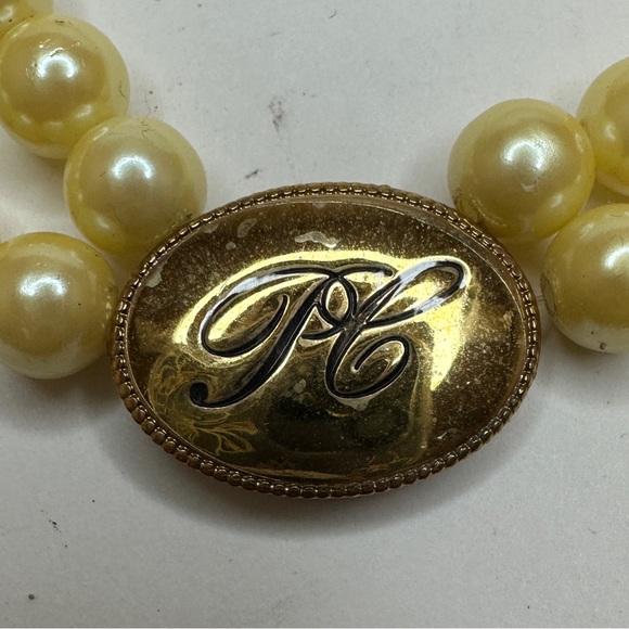 Avon Necklace Vintage 2 Strand Faux Pearl Gold Tone Rhinestone PC Initials - Picture 3 of 9